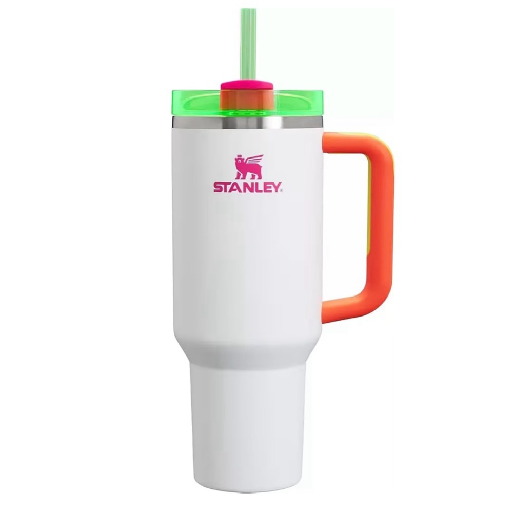 Stanley White Tumbler with Orange Handle and Green Lid